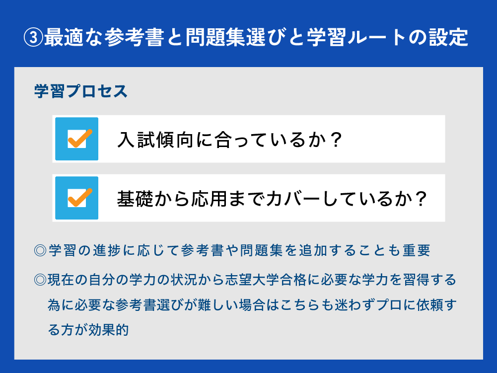 ③最適な参考書と問題集選びと学習ルートの設定